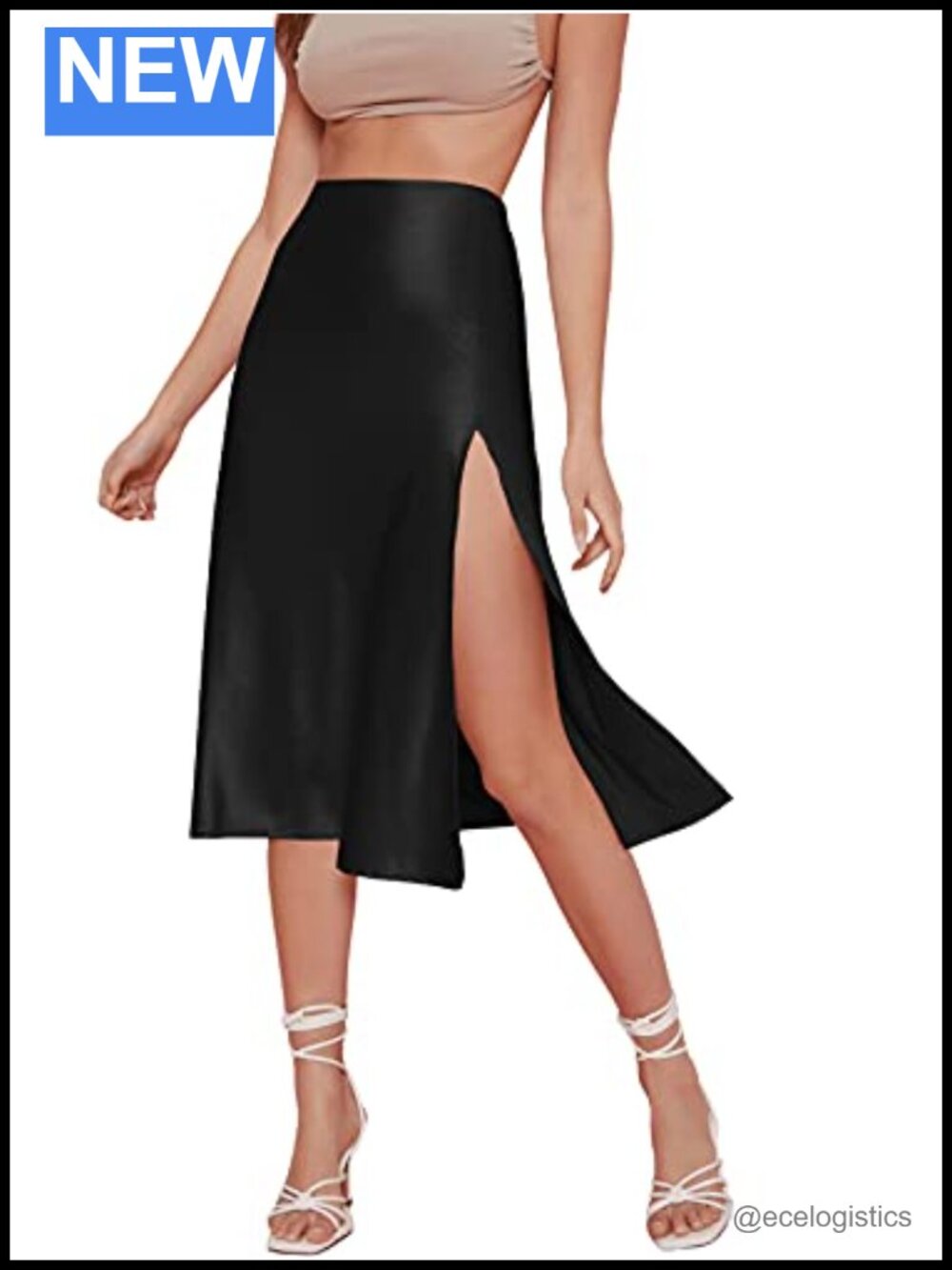 High Waist Satin A Line Flared Midi Skirt Slit Hem Pull On